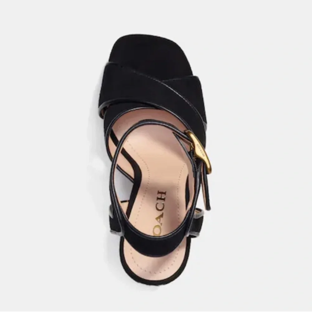 GUWOB Coach Black Suede Platform Sandals with Woven Rope Heel
